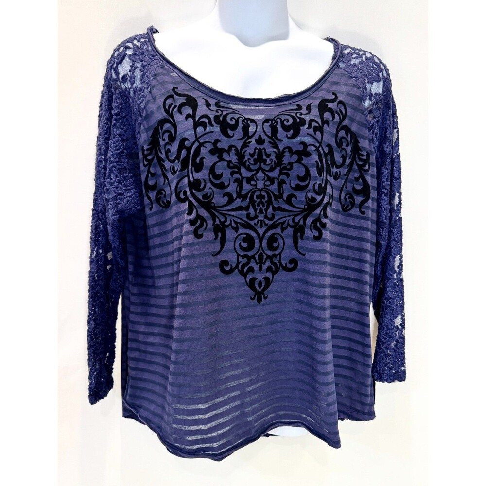 Seven7 Long Sleeve Top Women’s Plus Sz 22/24 (3X) Y2K Sheer Stripes Felt Design